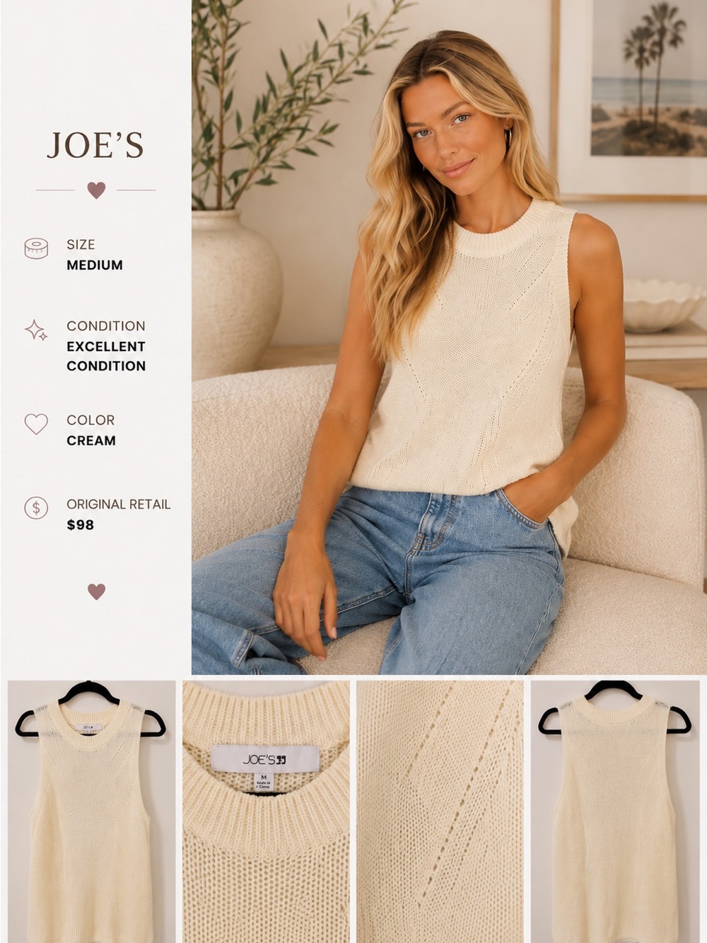 Joe's Jeans Cream Open-Knit Sleeveless Sweater